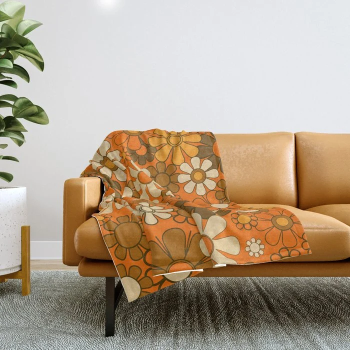 70s Retro Floral Pattern Groovy Garden Flowers in Orange and Brown Throw Blanket