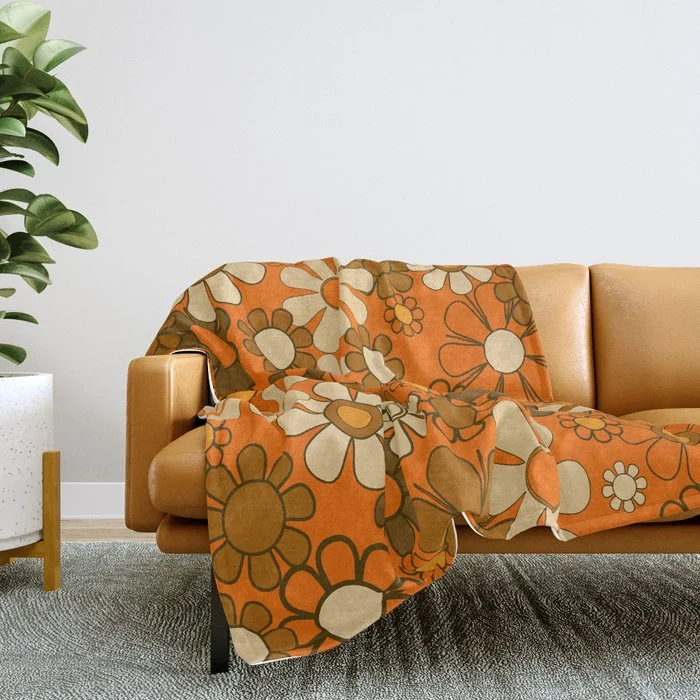 70s Retro Floral Pattern Groovy Garden Flowers in Orange and Brown Throw Blanket