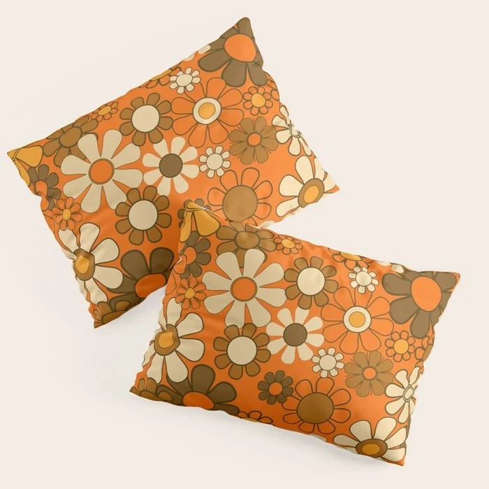 70s Retro Floral Pattern Groovy Garden Flowers in Orange and Brown Pillow Sham
