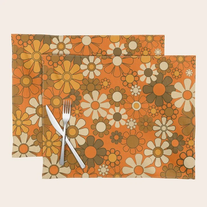 70s Retro Floral Pattern Groovy Garden Flowers in Orange and Brown Placemat