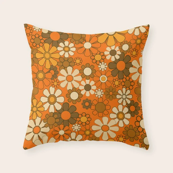 70s Retro Floral Pattern Groovy Garden Flowers in Orange and Brown Throw Pillow