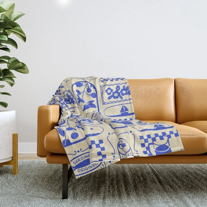 Blue summer vacation patchwork art pattern Throw Blanket