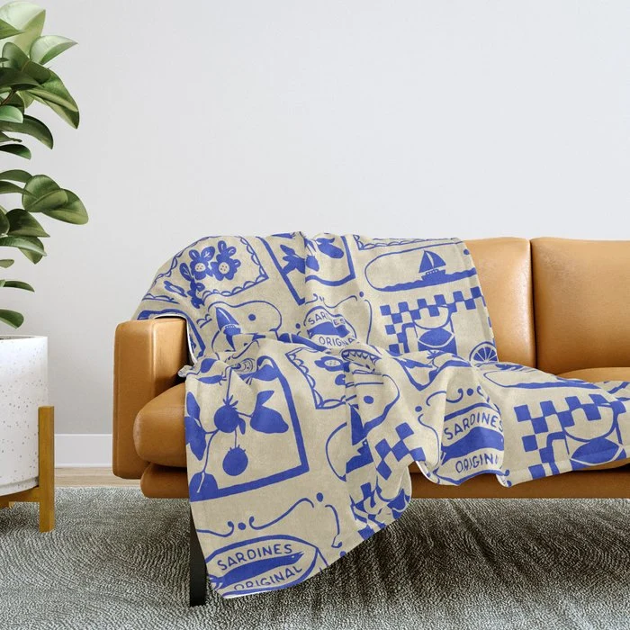 Blue summer vacation patchwork art pattern Throw Blanket