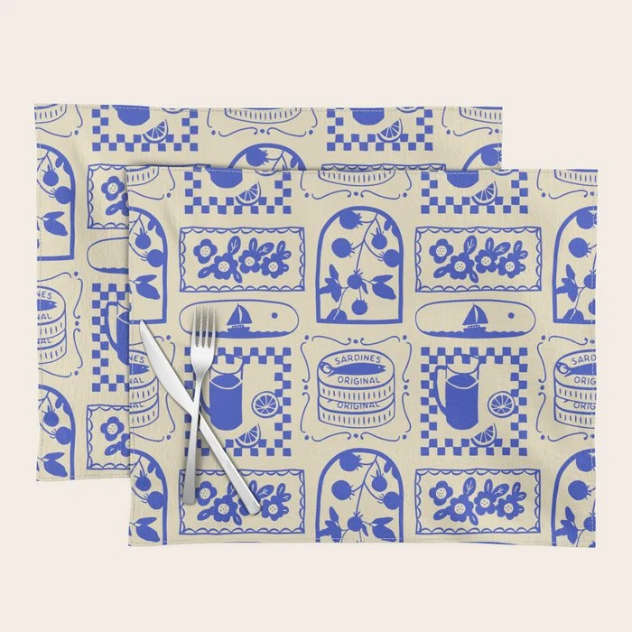 Blue summer vacation patchwork art pattern Placemat