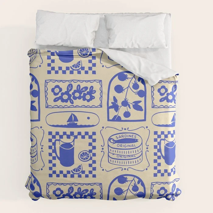 Blue summer vacation patchwork art pattern Duvet Cover