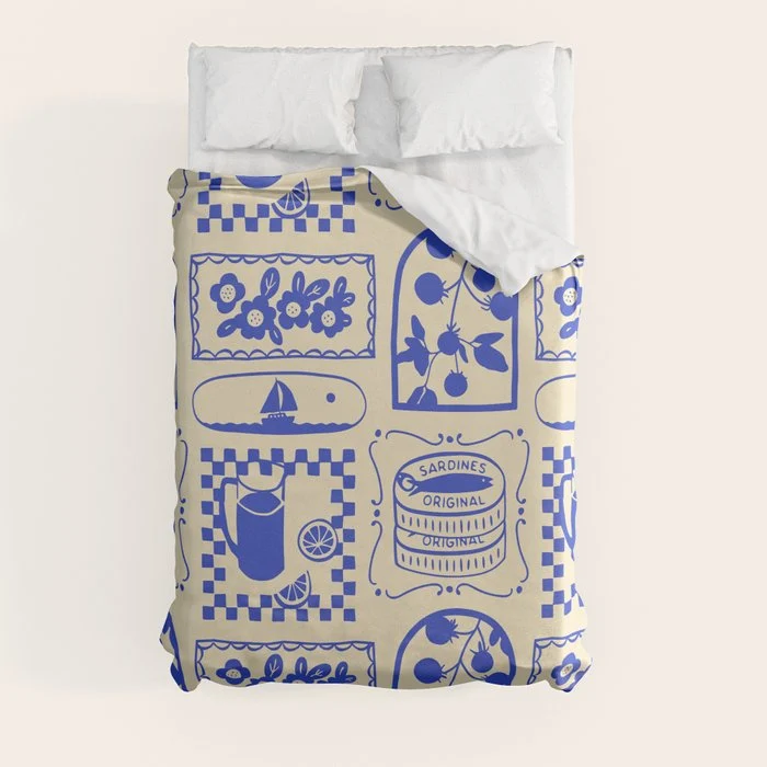 Blue summer vacation patchwork art pattern Duvet Cover