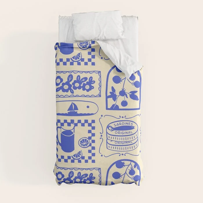 Blue summer vacation patchwork art pattern Duvet Cover