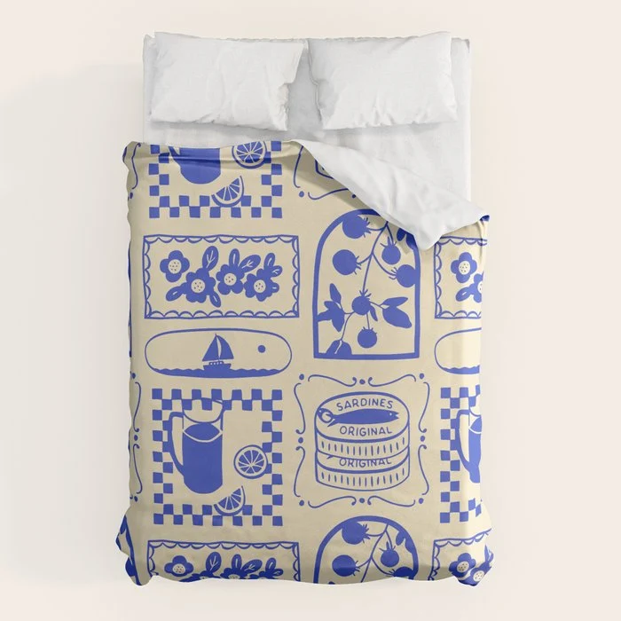 Blue summer vacation patchwork art pattern Duvet Cover