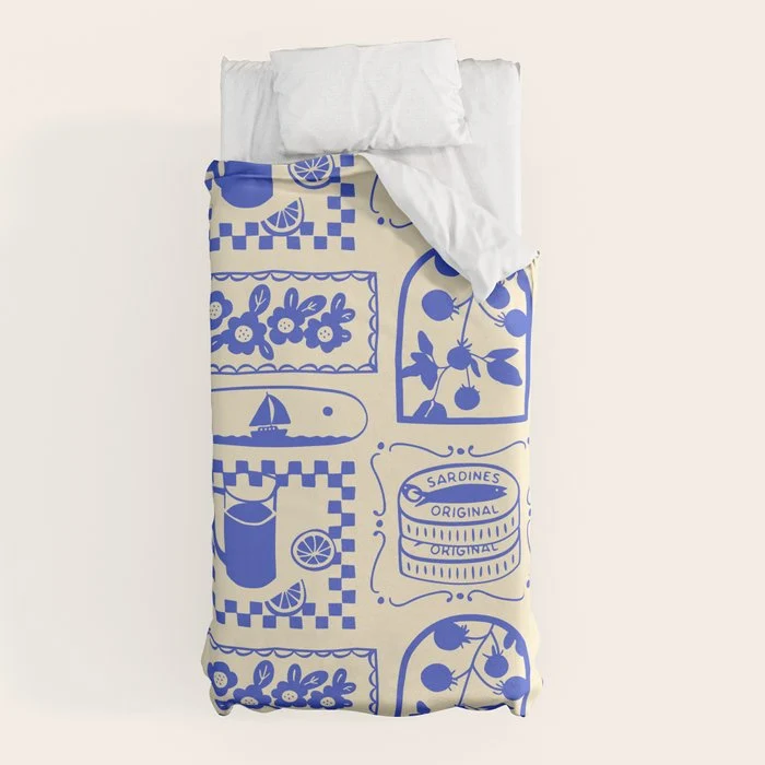 Blue summer vacation patchwork art pattern Duvet Cover