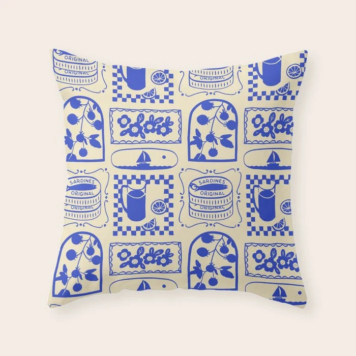 Blue summer vacation patchwork art pattern Throw Pillow