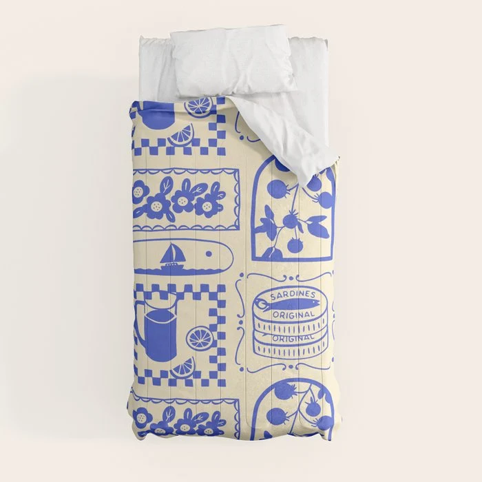 Blue summer vacation patchwork art pattern Comforter