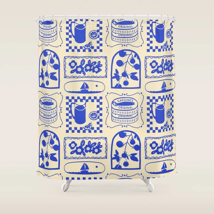 Blue summer vacation patchwork art pattern Shower Curtain