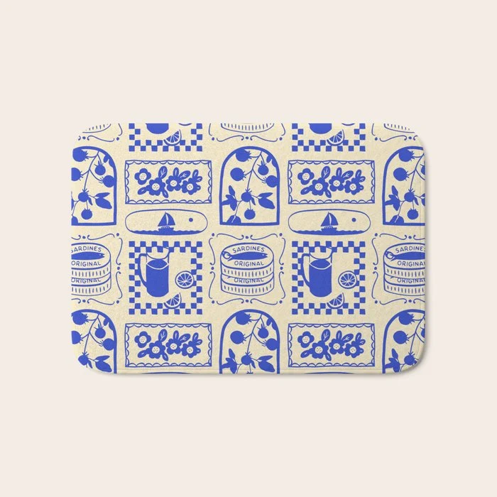 Blue summer vacation patchwork art pattern Bath Mat