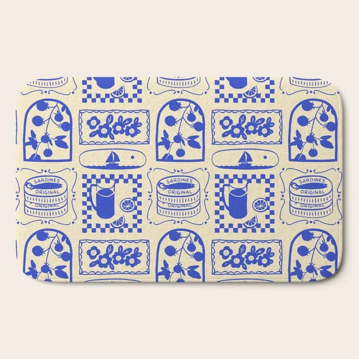 Blue summer vacation patchwork art pattern Bath Mat