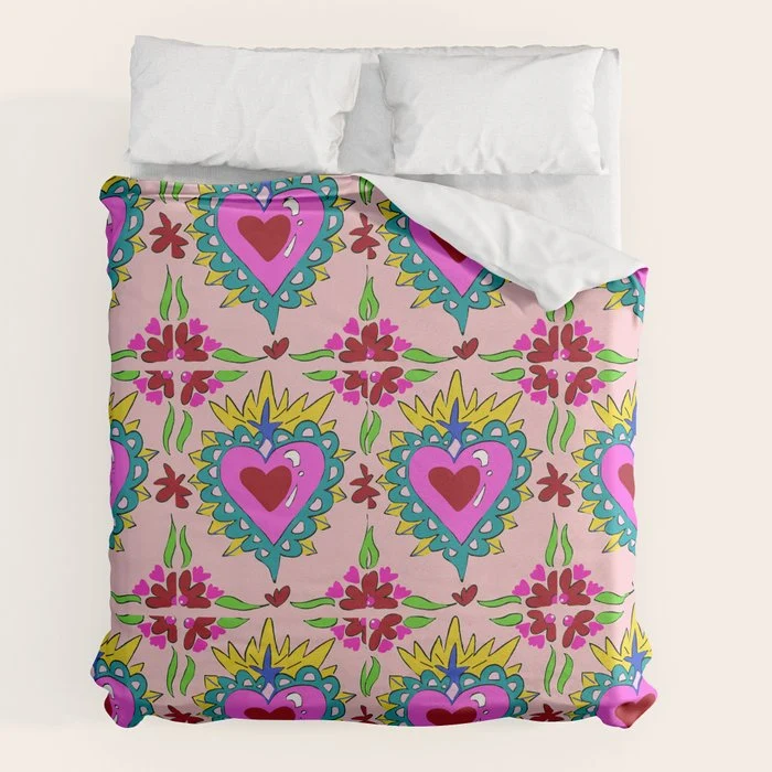 Hot Pink Sacred Hearts Duvet Cover