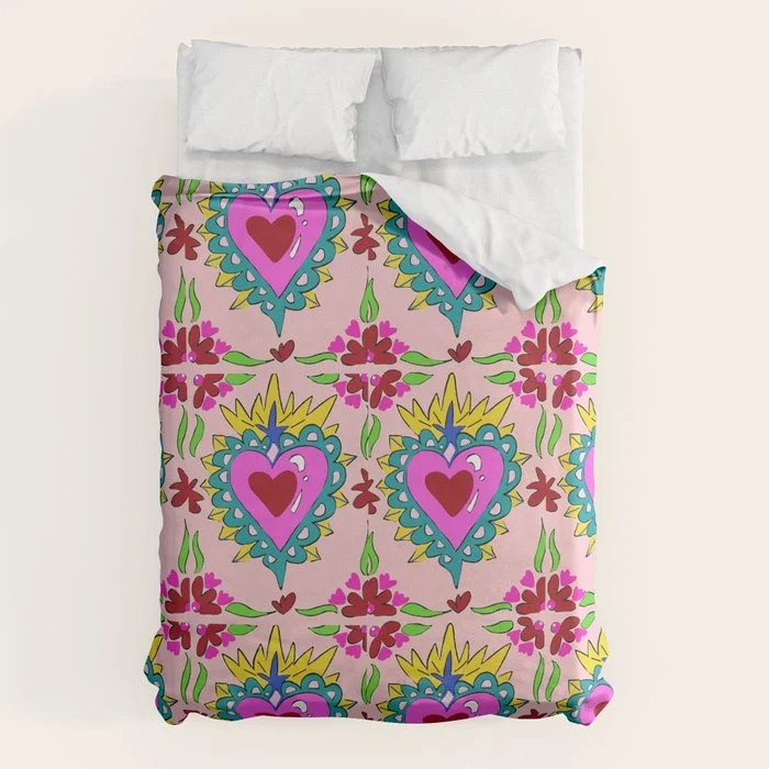 Hot Pink Sacred Hearts Duvet Cover