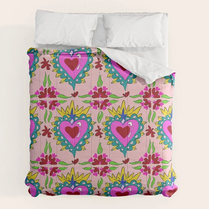Hot Pink Sacred Hearts Comforter
