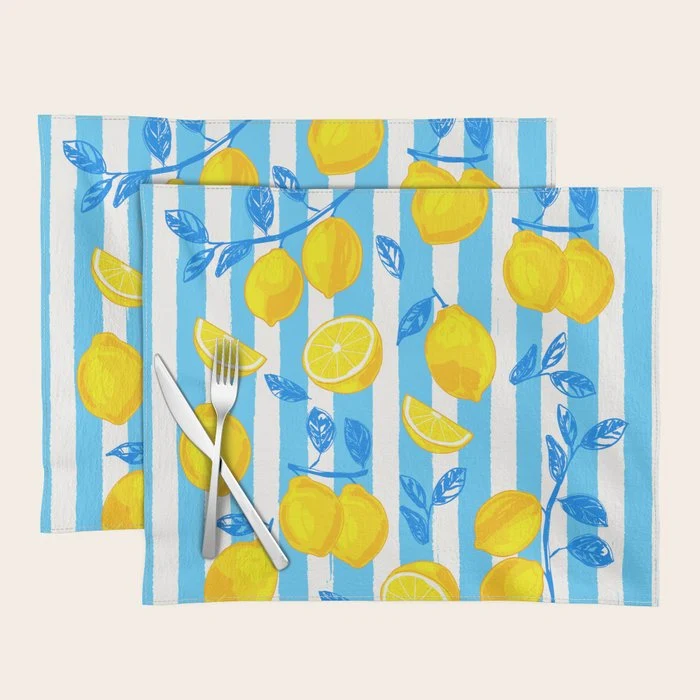 Italian Summer Lemons Pattern Coastal Mediterranean Illustration Placemat
