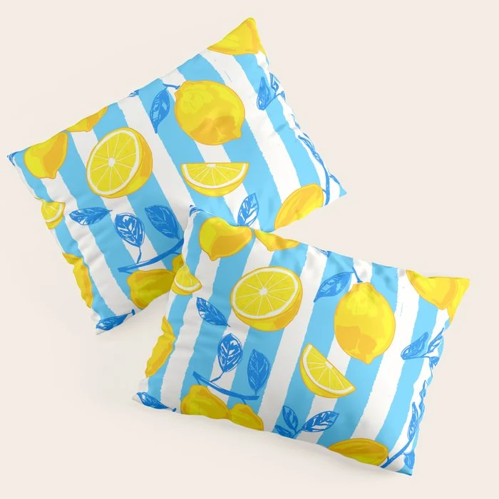 Italian Summer Lemons Pattern Coastal Mediterranean Illustration Pillow Sham