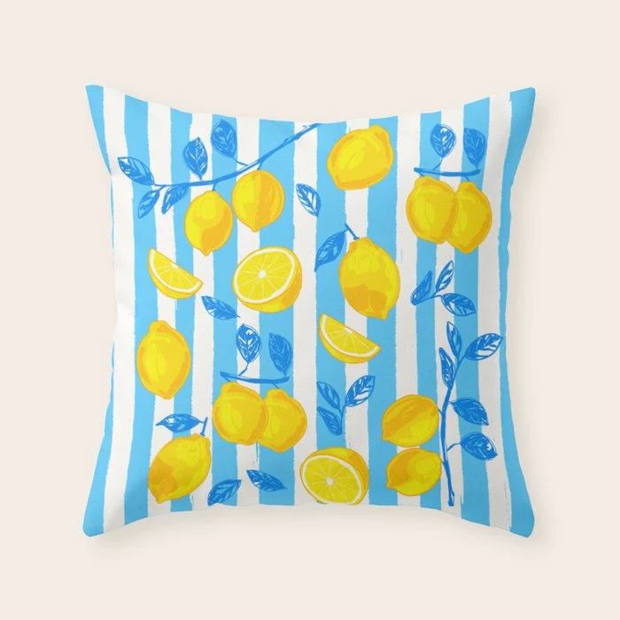 Italian Summer Lemons Pattern Coastal Mediterranean Illustration Throw Pillow