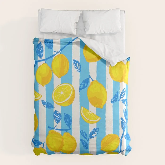 Italian Summer Lemons Pattern Coastal Mediterranean Illustration Duvet Cover