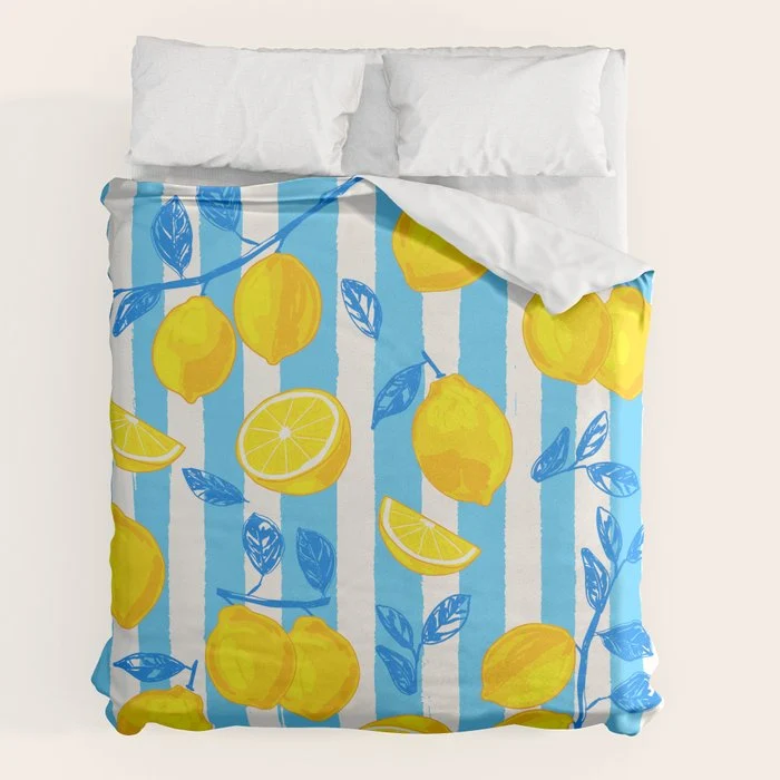 Italian Summer Lemons Pattern Coastal Mediterranean Illustration Duvet Cover