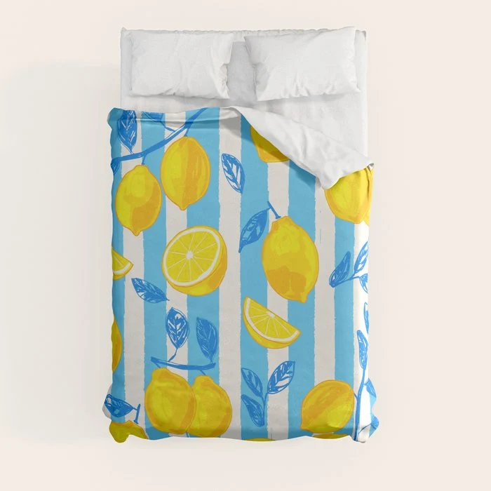 Italian Summer Lemons Pattern Coastal Mediterranean Illustration Duvet Cover