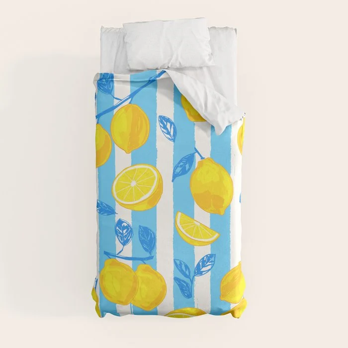 Italian Summer Lemons Pattern Coastal Mediterranean Illustration Duvet Cover