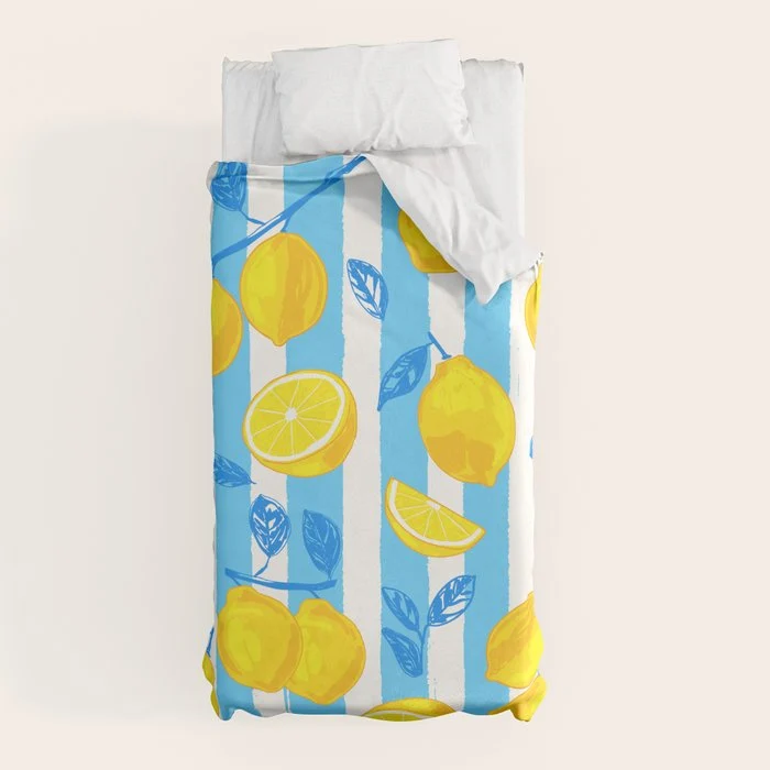 Italian Summer Lemons Pattern Coastal Mediterranean Illustration Duvet Cover