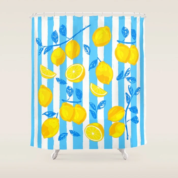 Italian Summer Lemons Pattern Coastal Mediterranean Illustration Shower Curtain
