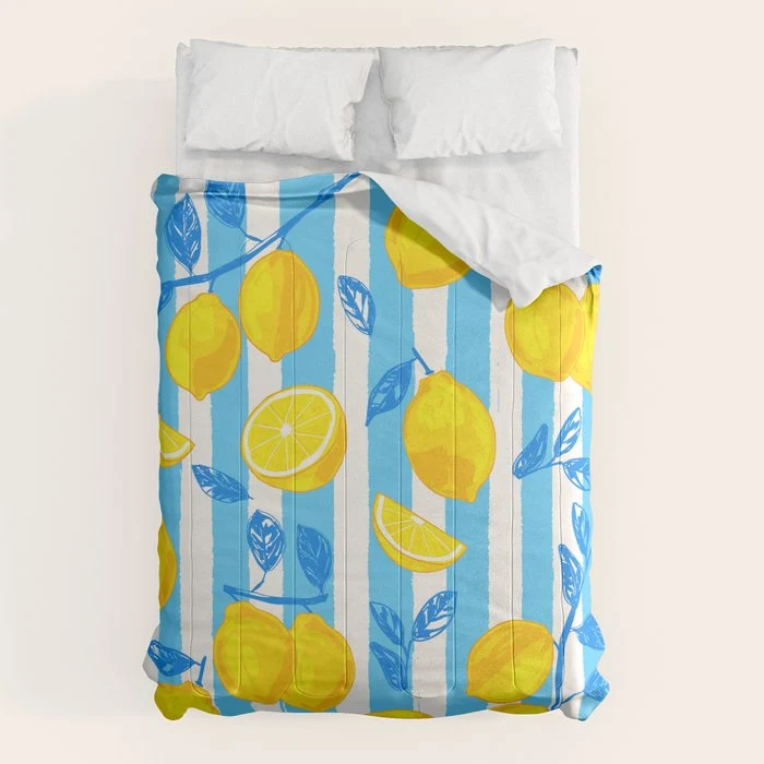 Italian Summer Lemons Pattern Coastal Mediterranean Illustration Comforter