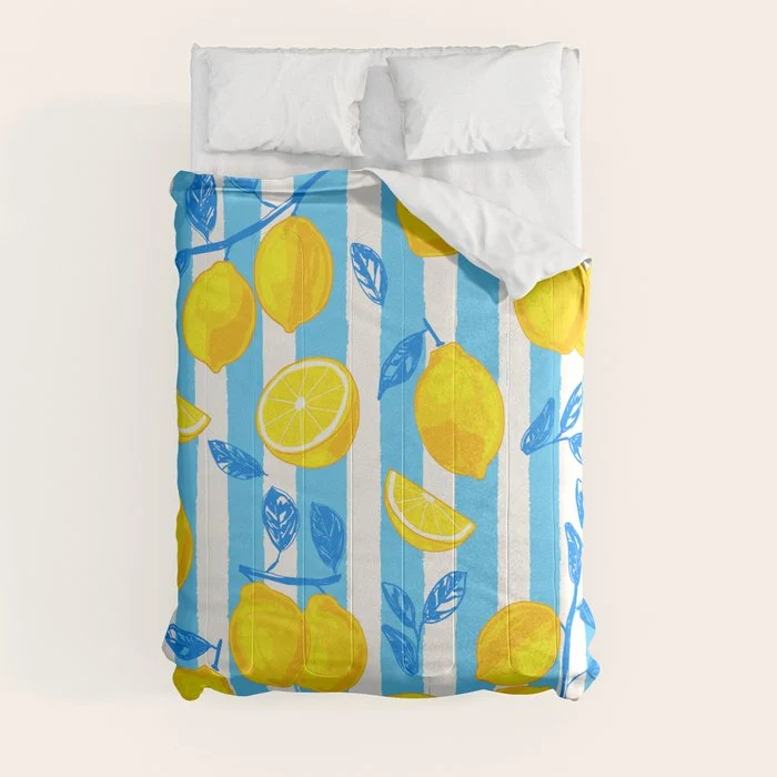 Italian Summer Lemons Pattern Coastal Mediterranean Illustration Comforter