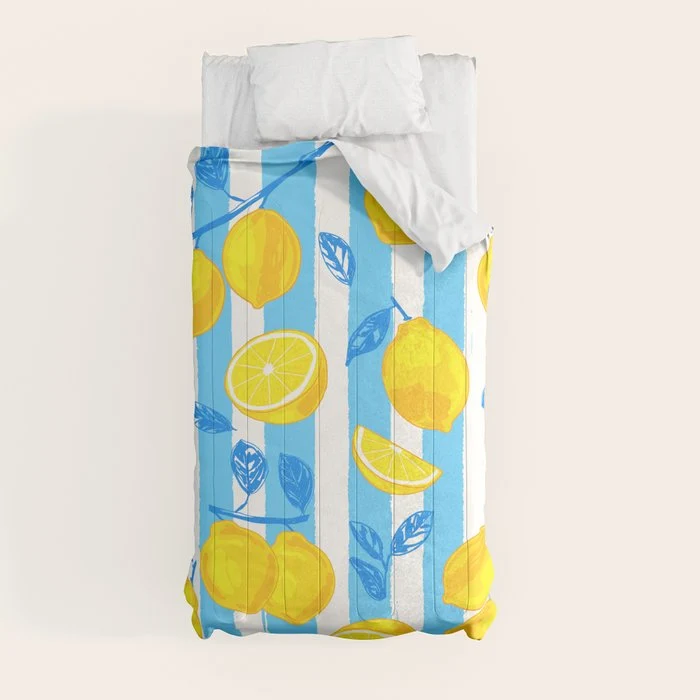 Italian Summer Lemons Pattern Coastal Mediterranean Illustration Comforter