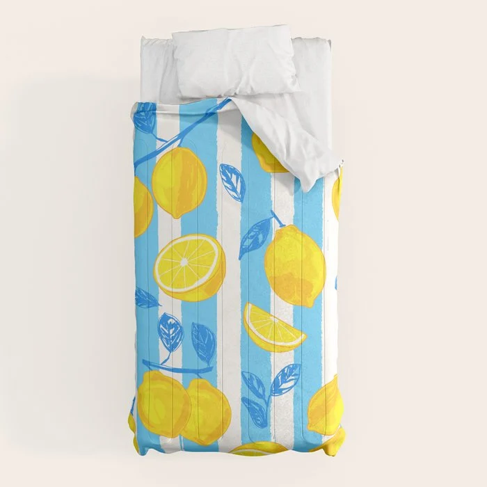 Italian Summer Lemons Pattern Coastal Mediterranean Illustration Comforter