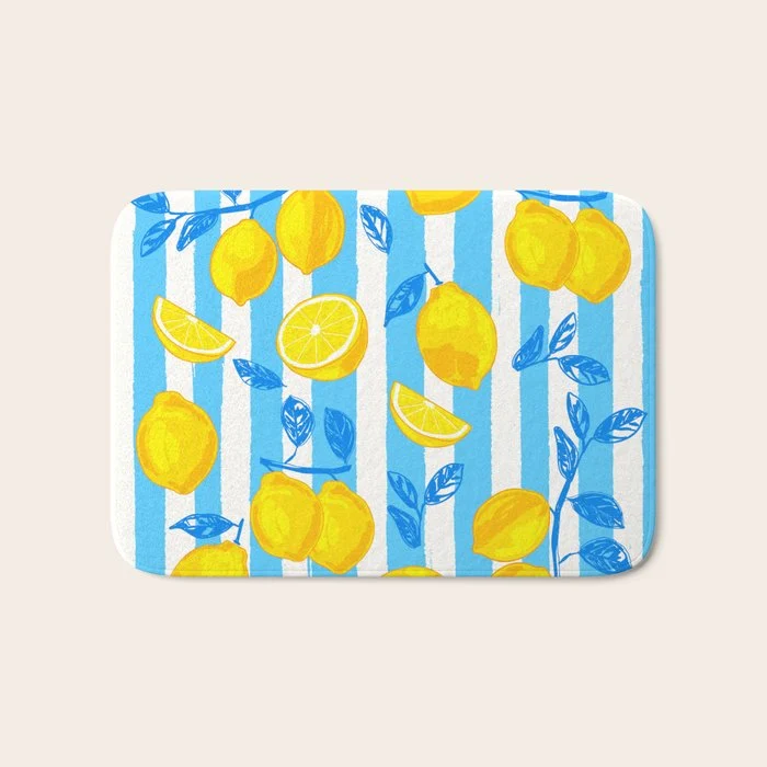 Italian Summer Lemons Pattern Coastal Mediterranean Illustration Bath Mat