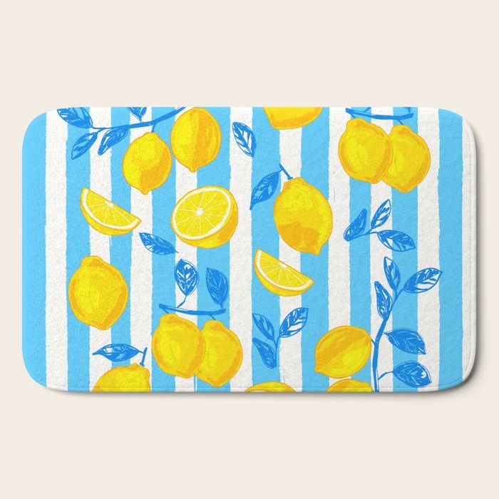 Italian Summer Lemons Pattern Coastal Mediterranean Illustration Bath Mat