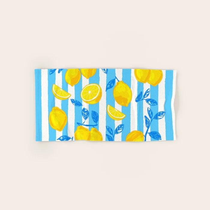 Italian Summer Lemons Pattern Coastal Mediterranean Illustration Bath Towel