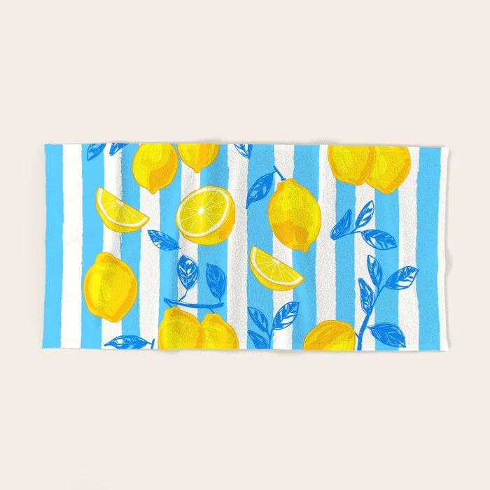 Italian Summer Lemons Pattern Coastal Mediterranean Illustration Bath Towel
