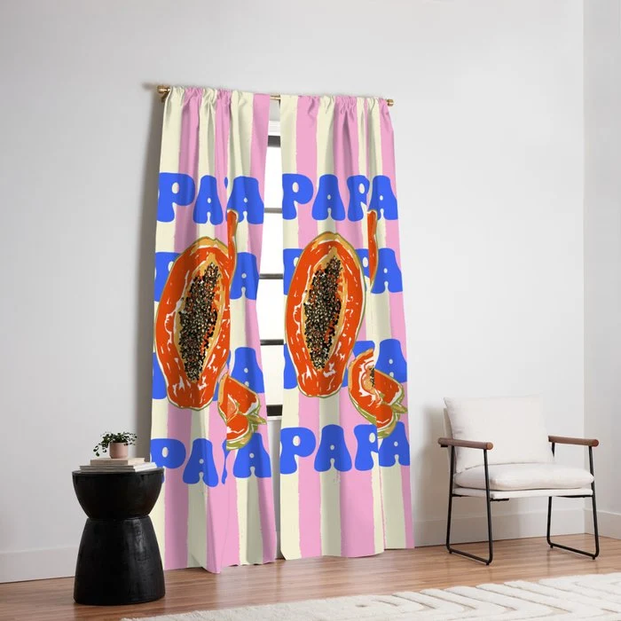 Papaya Stripes Tropical Summer Illustration Window Curtain