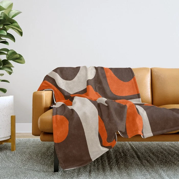 Retro 70s Aesthetic Abstract Mid Century Modern Minimalist Piquet Pattern Brown and Orange Throw Blanket