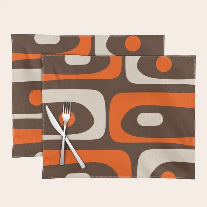 Retro 70s Aesthetic Abstract Mid Century Modern Minimalist Piquet Pattern Brown and Orange Placemat