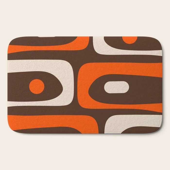 Retro 70s Aesthetic Abstract Mid Century Modern Minimalist Piquet Pattern Brown and Orange Bath Mat