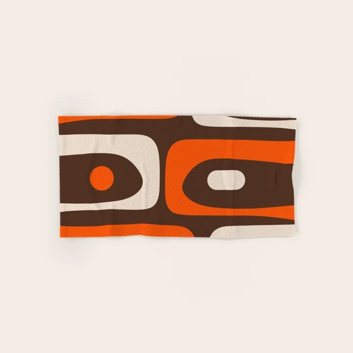 Retro 70s Aesthetic Abstract Mid Century Modern Minimalist Piquet Pattern Brown and Orange Bath Towel