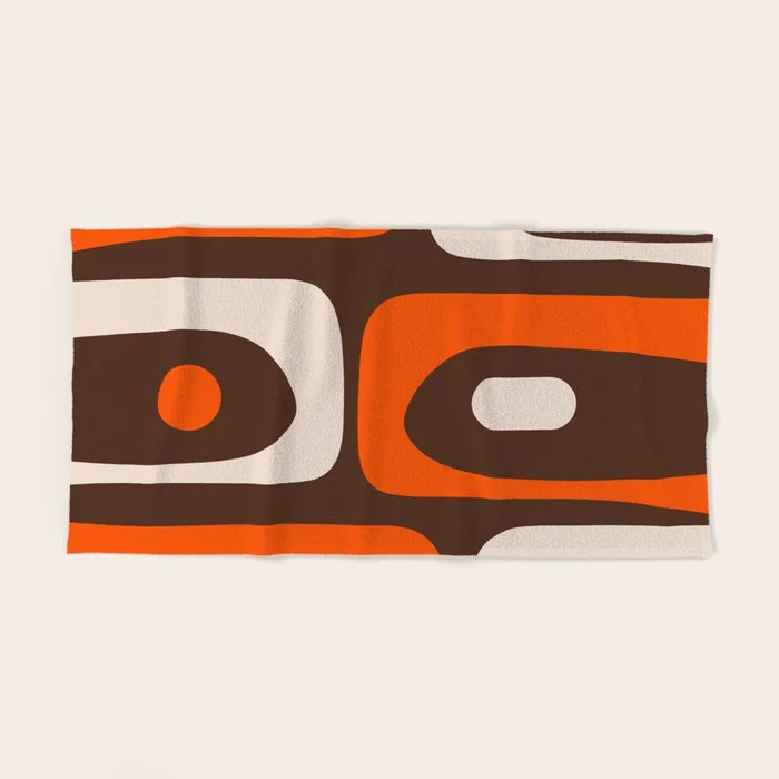 Retro 70s Aesthetic Abstract Mid Century Modern Minimalist Piquet Pattern Brown and Orange Bath Towel