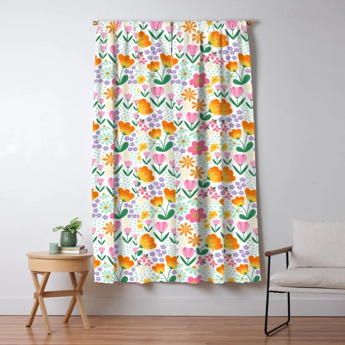 Colorful retro flower folk art pattern Window Curtain