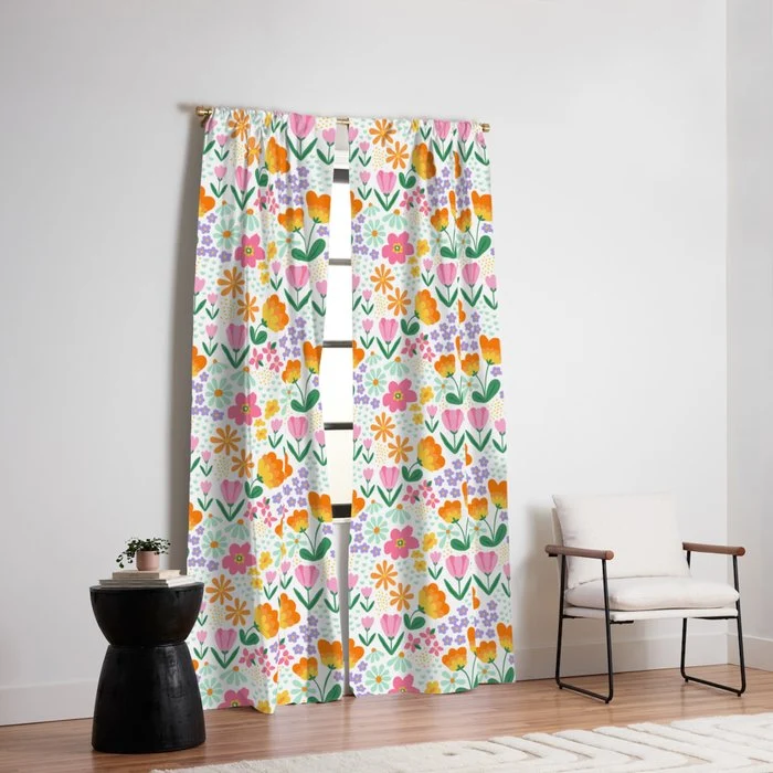 Colorful retro flower folk art pattern Window Curtain
