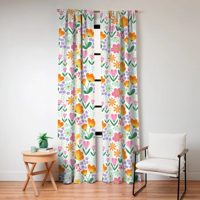 Colorful retro flower folk art pattern Window Curtain