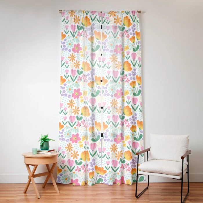 Colorful retro flower folk art pattern Window Curtain