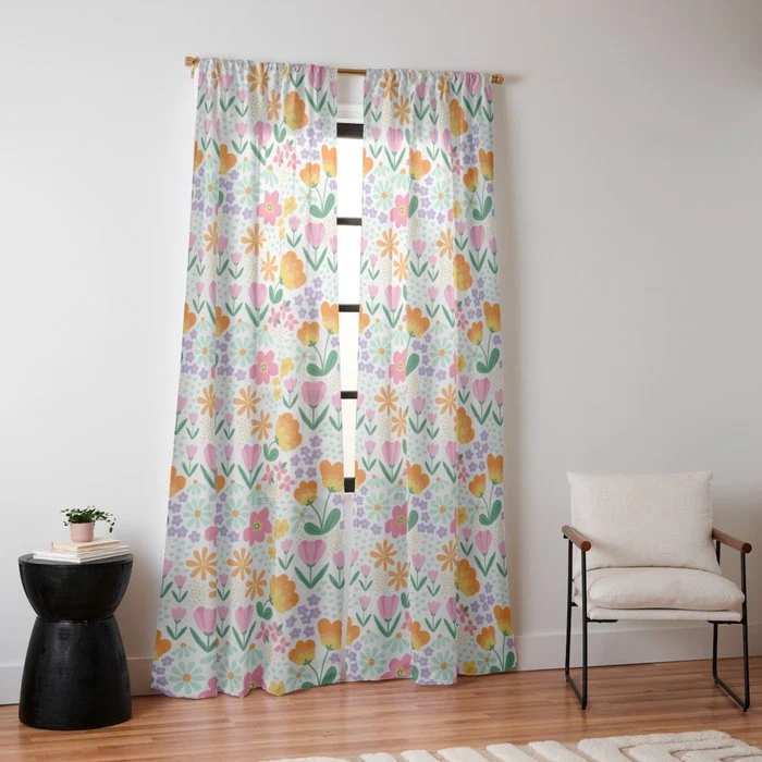 Colorful retro flower folk art pattern Window Curtain