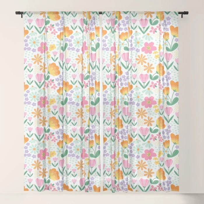 Colorful retro flower folk art pattern Window Curtain